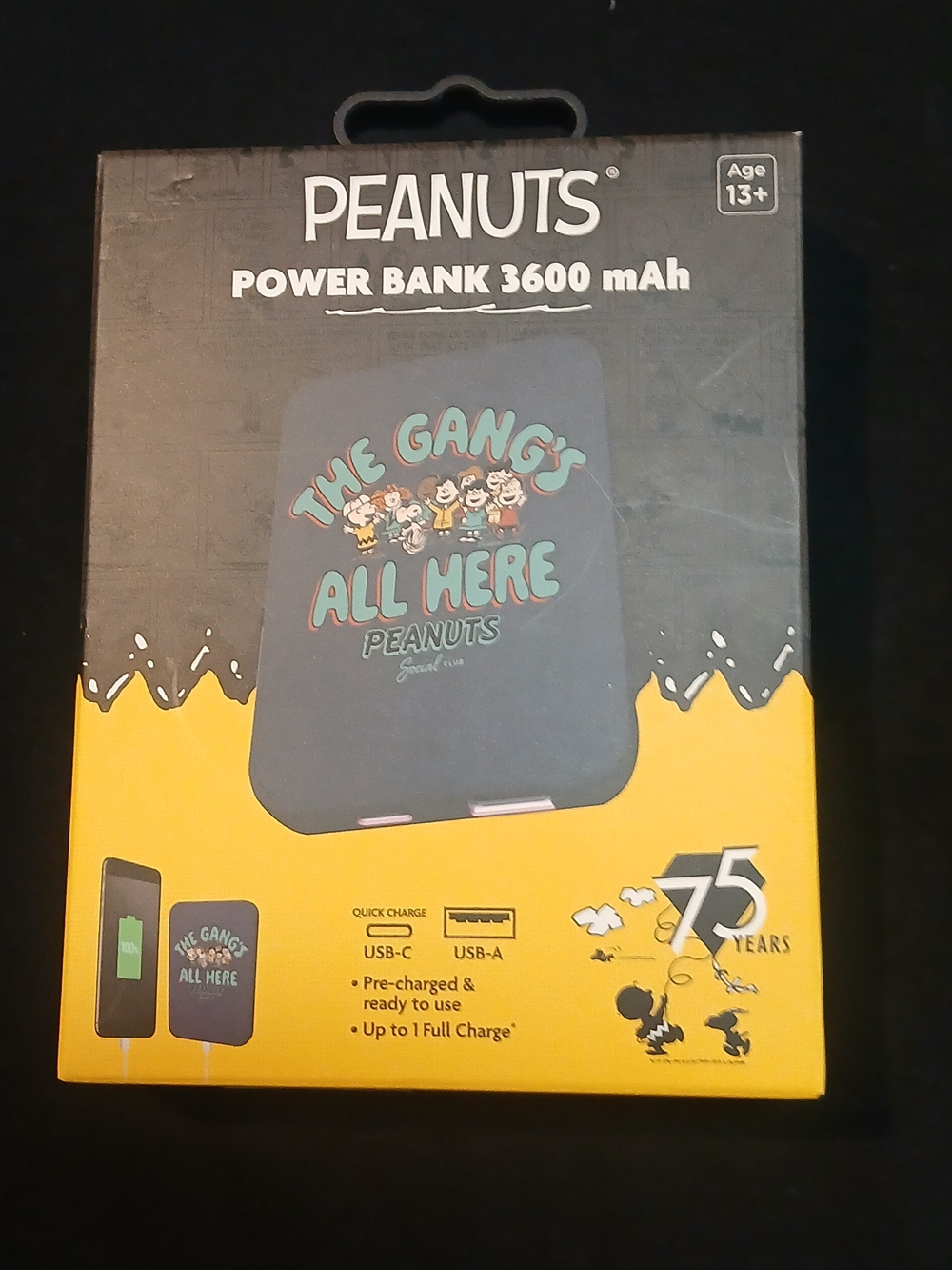 Peanuts -The Gang’s All Here 3600 mAh Power Bank, Inc. 12 in USB- Charging Cable